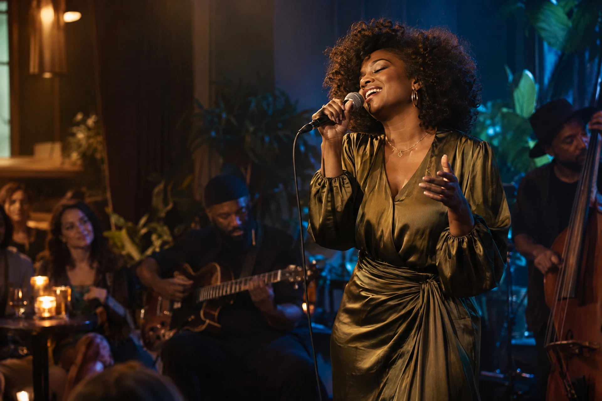 Singer performing under stage lights